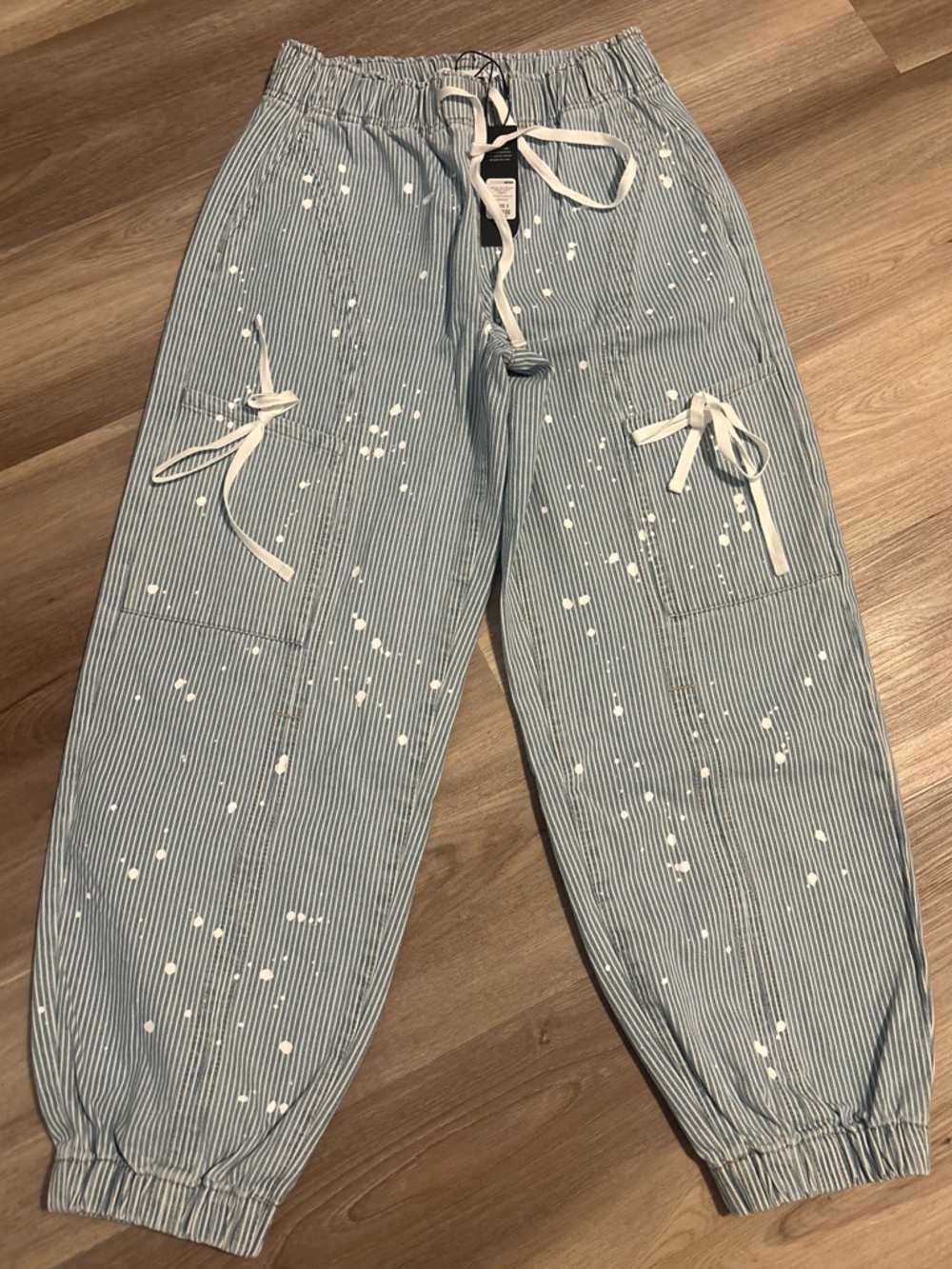 Fashion Nova Light Blue & White Striped Paint-Splatter Joggers